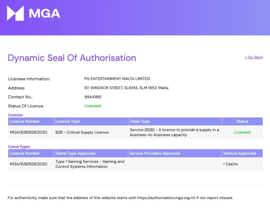 ใบอนุญาตของ PG Slot จากเว็บ  Malta Gaming Authority